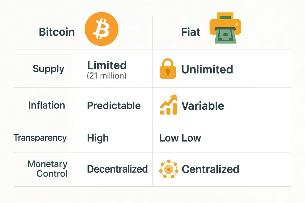 Comparison chart explaining what the Bitcoin halving event represents in contrast to fiat currency inflation, transparency, and supply models.