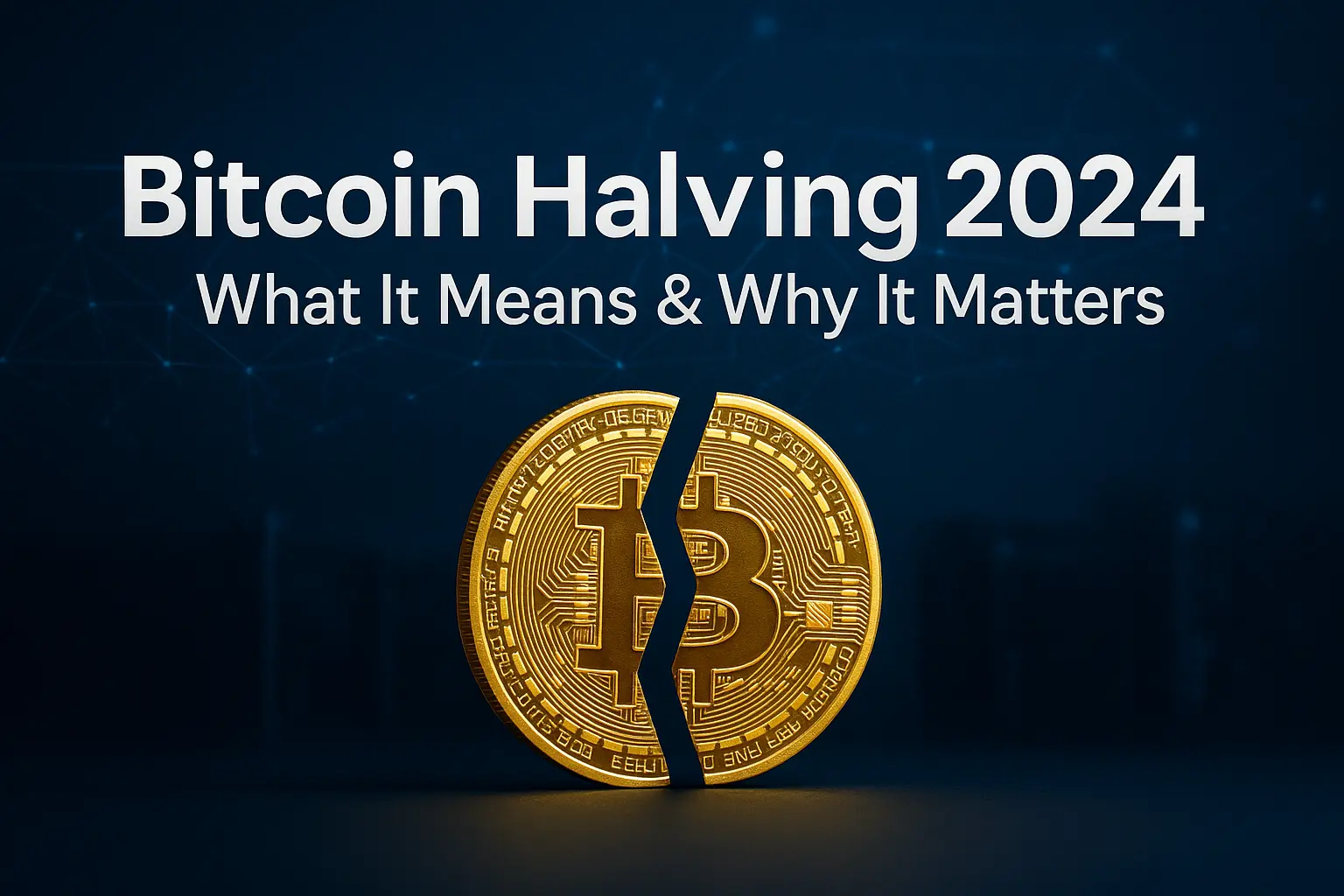 Banner image with the headline “What Is the Bitcoin Halving Event?” featuring a split Bitcoin coin and blockchain elements, representing Bitcoin halving 2024.