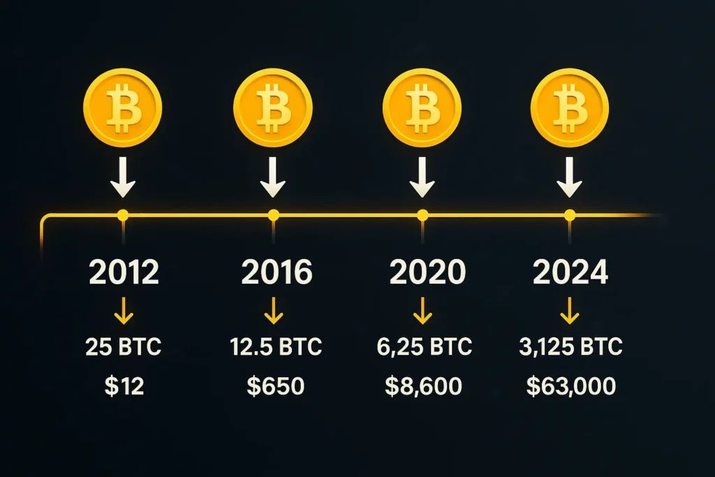 Infographic timeline showing key milestones of the Bitcoin halving event from 2012 to 2024, with BTC reward drops and price data.