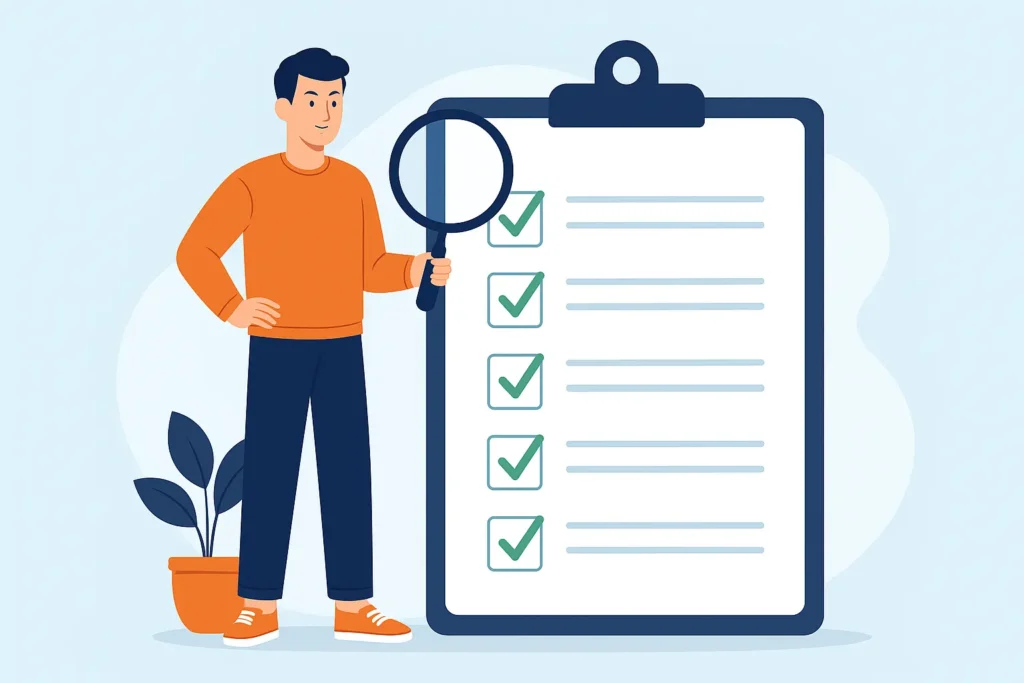 Illustration of a young man in an orange sweater examining a large checklist with a magnifying glass, representing how to identify which crypto will boom in 2025, with green checkmarks and a light blue background.