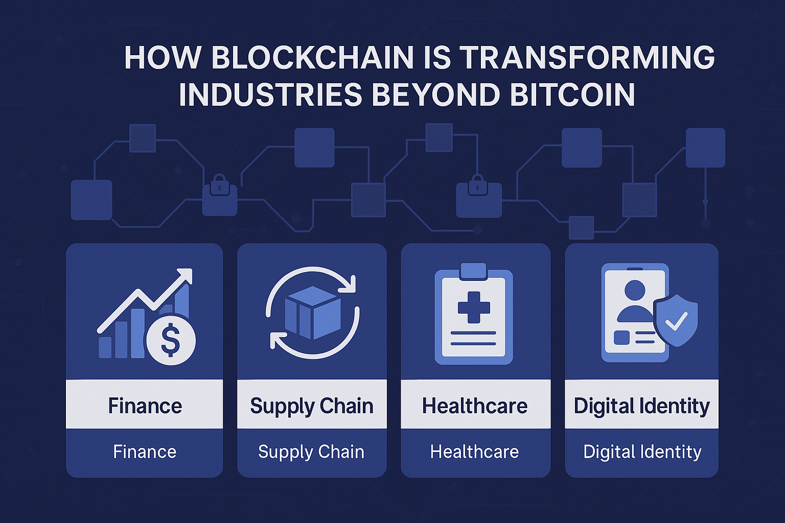 Infographic showing blockchain transforming industries beyond Bitcoin — including finance, supply chain, healthcare, and digital identity.