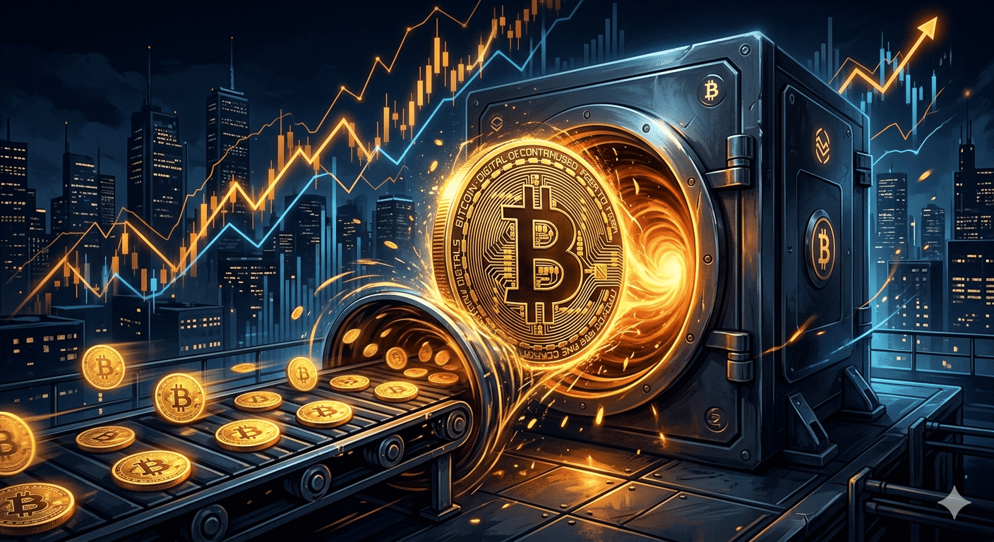 Bitcoin supply shock illustration showing institutional accumulation outpacing mining production