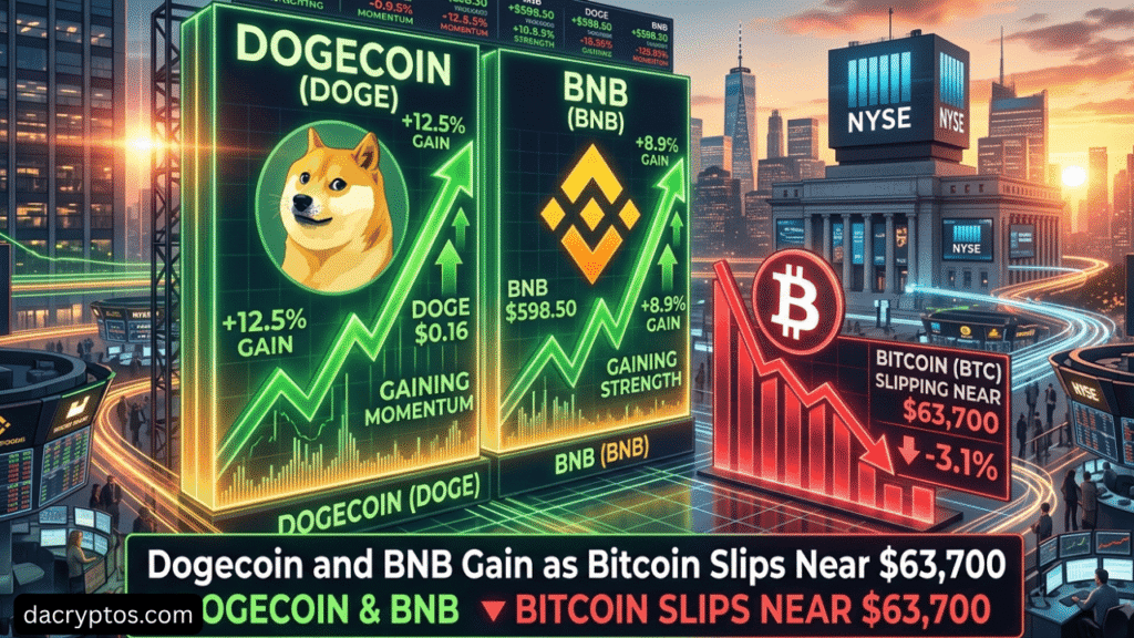 Dogecoin and BNB Gain as Bitcoin Slips Near $63,700