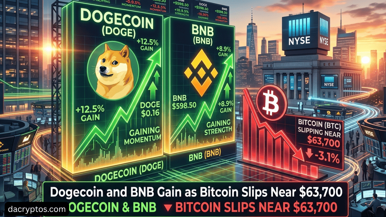 Dogecoin and BNB Gain as Bitcoin Slips Near $63,700