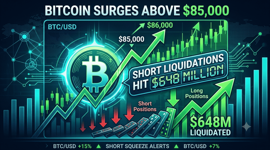 Bitcoin Surges Above $85,000 as Short Liquidations Hit $648 Million