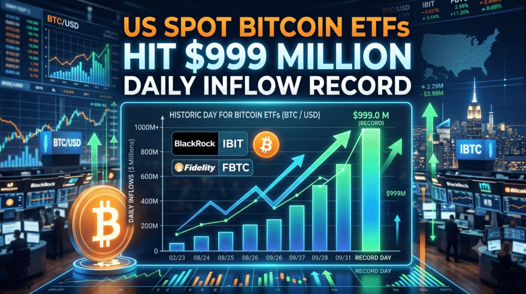 US Spot Bitcoin ETFs Hit $999 Million Daily Inflow Record