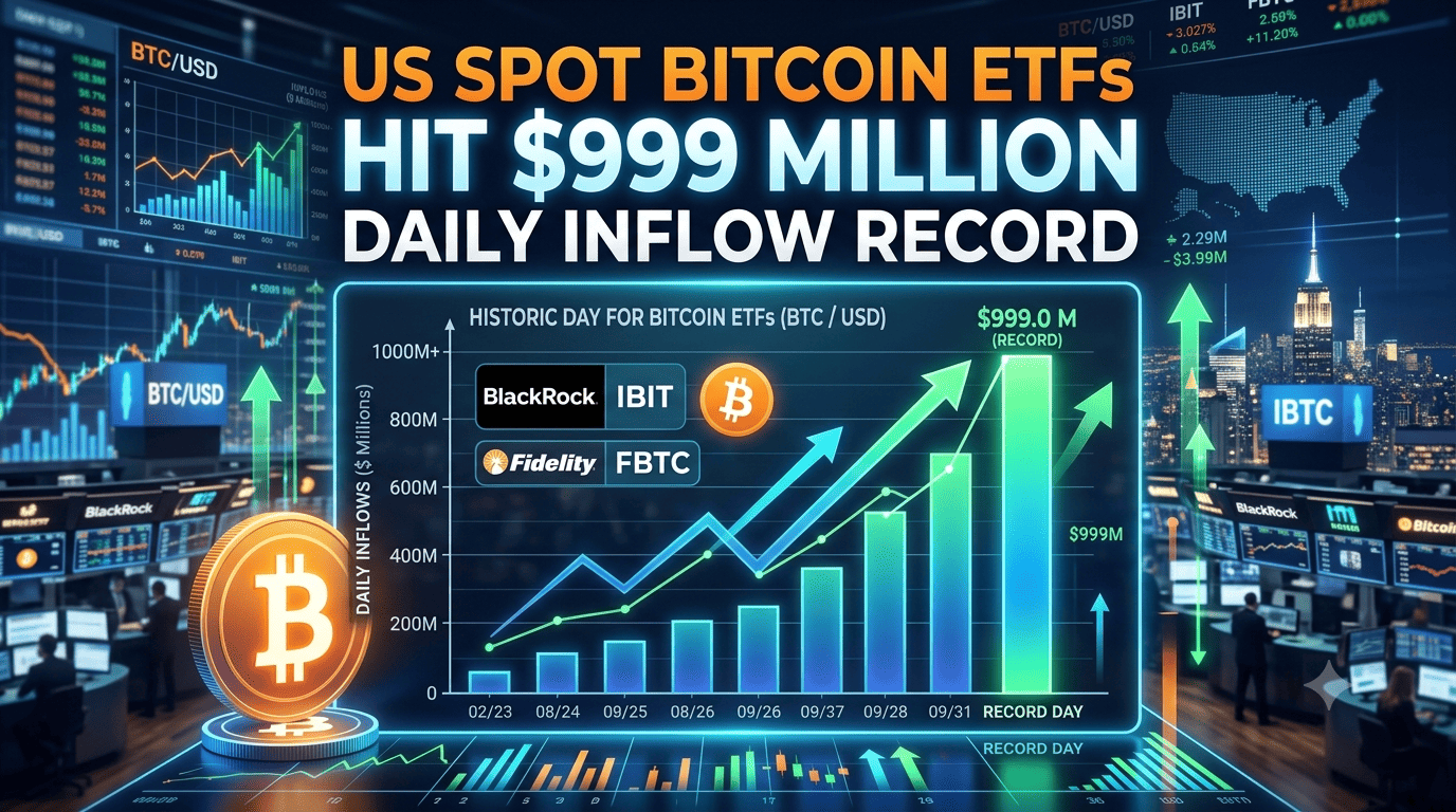 US Spot Bitcoin ETFs Hit $999 Million Daily Inflow Record