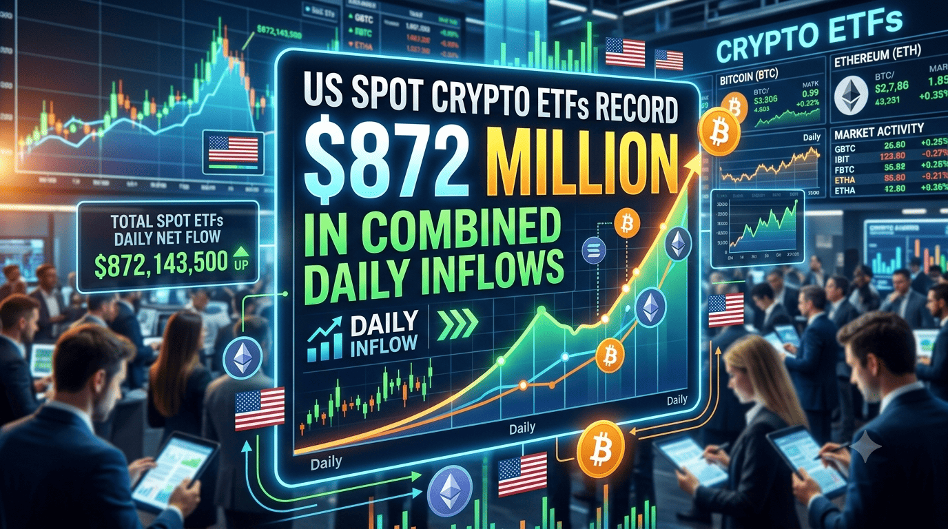 US Spot Crypto ETFs Record $872 Million in Combined Daily Inflows